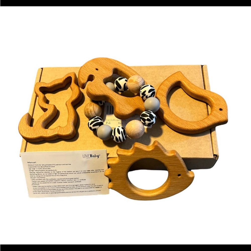 Natural Wooden Animal Teether Toy Set New In Open Box 4 Piece Set
